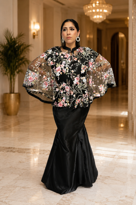 Eclipse Floral Fishtail Cape Gown (2 Piece Set)