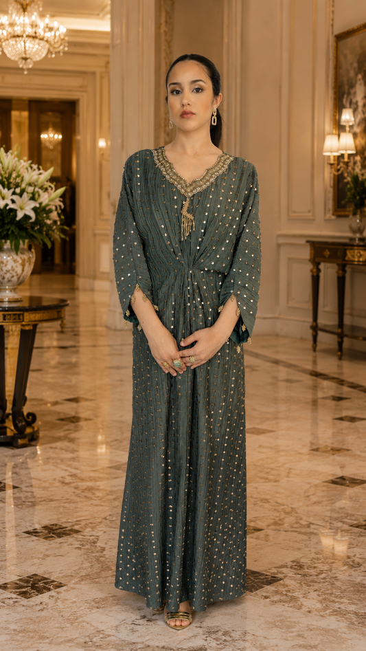 Emerald Green Embellished Silk Kaftan
