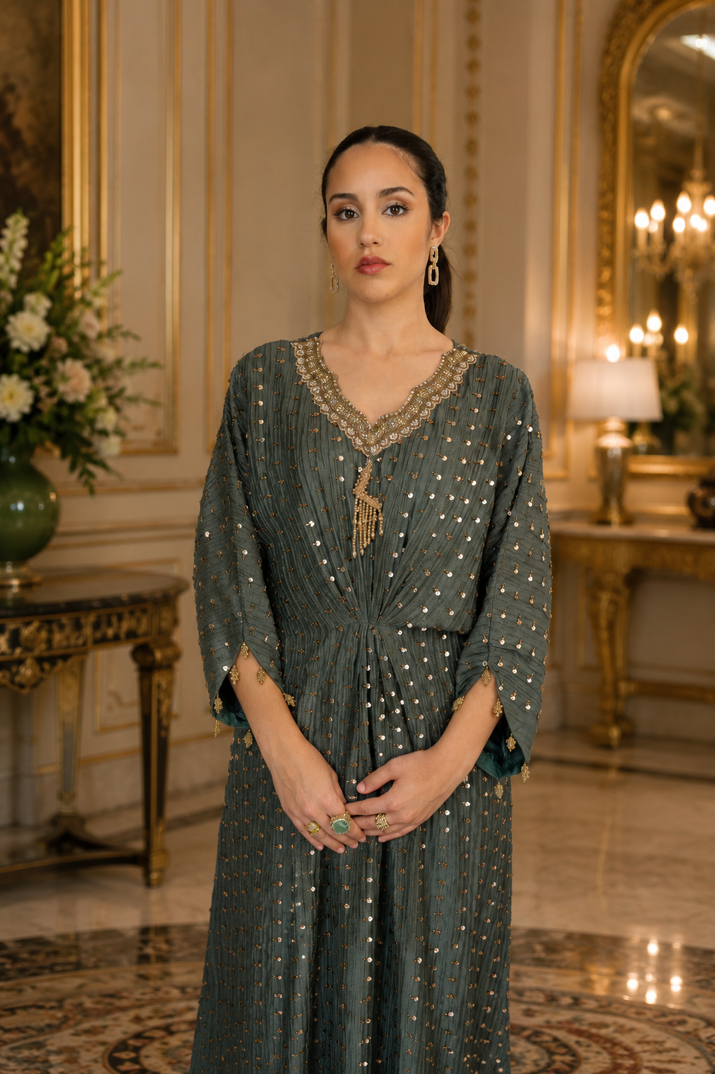 Emerald Green Embellished Silk Kaftan
