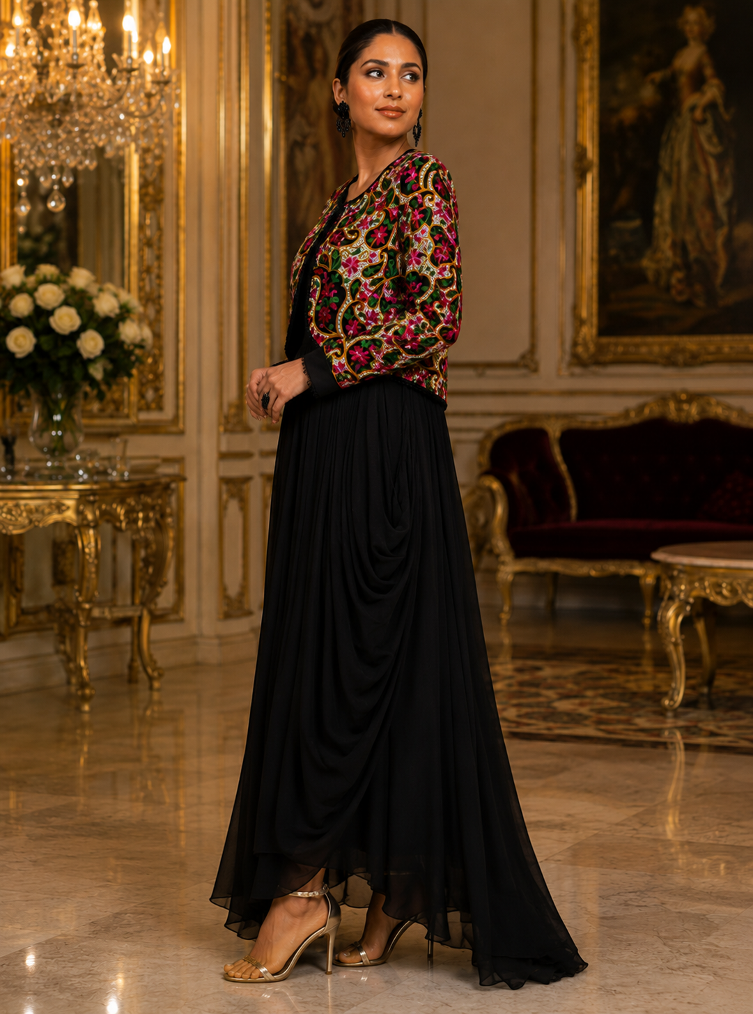 Black Garden Dress with Mosaic Floral Jacket
