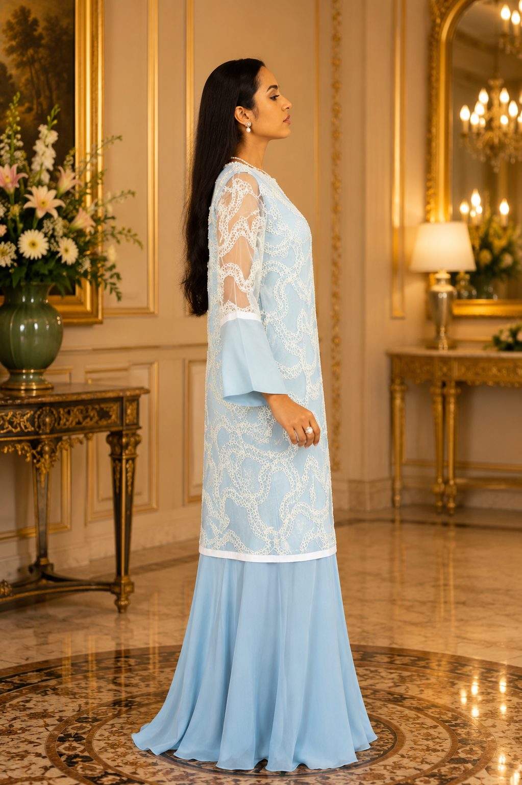 Pearl Powder Blue Lace Cascade Dress