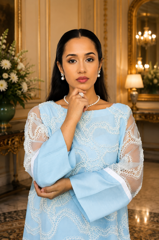 Pearl Powder Blue Lace Cascade Dress