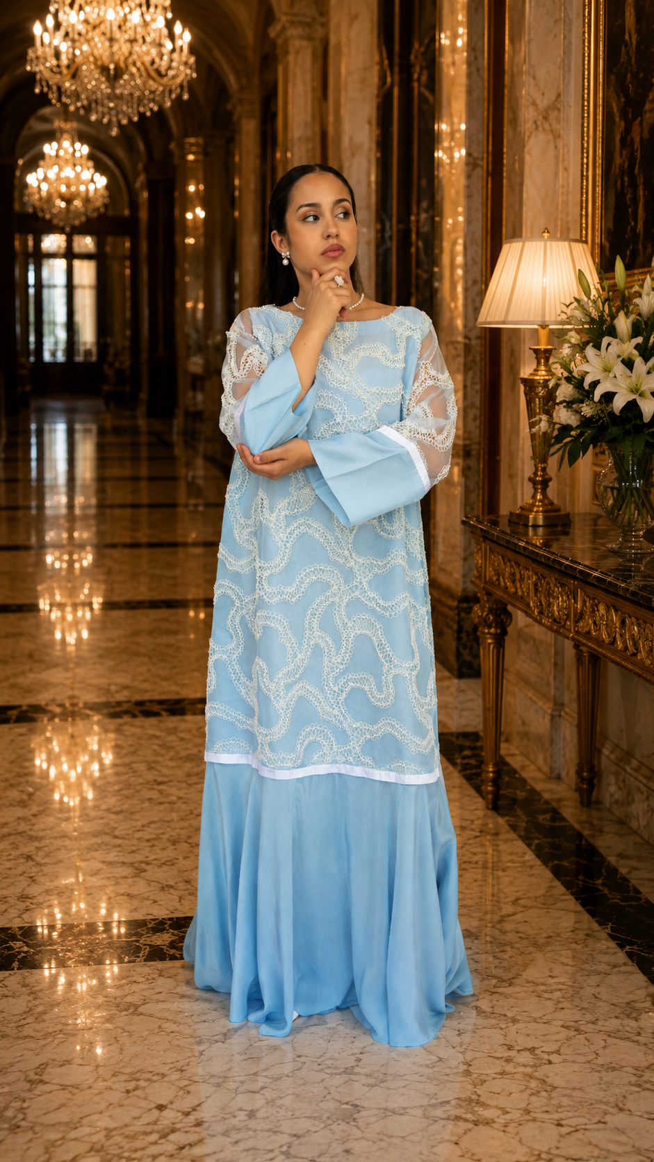 Pearl Powder Blue Lace Cascade Dress