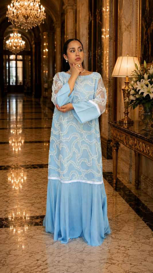 Pearl Powder Blue Lace Cascade Dress