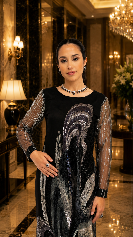 Black Embellished Mesh Maxi