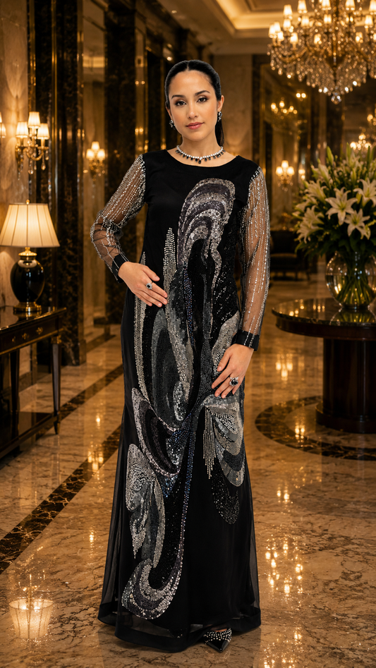 Black Embellished Mesh Maxi