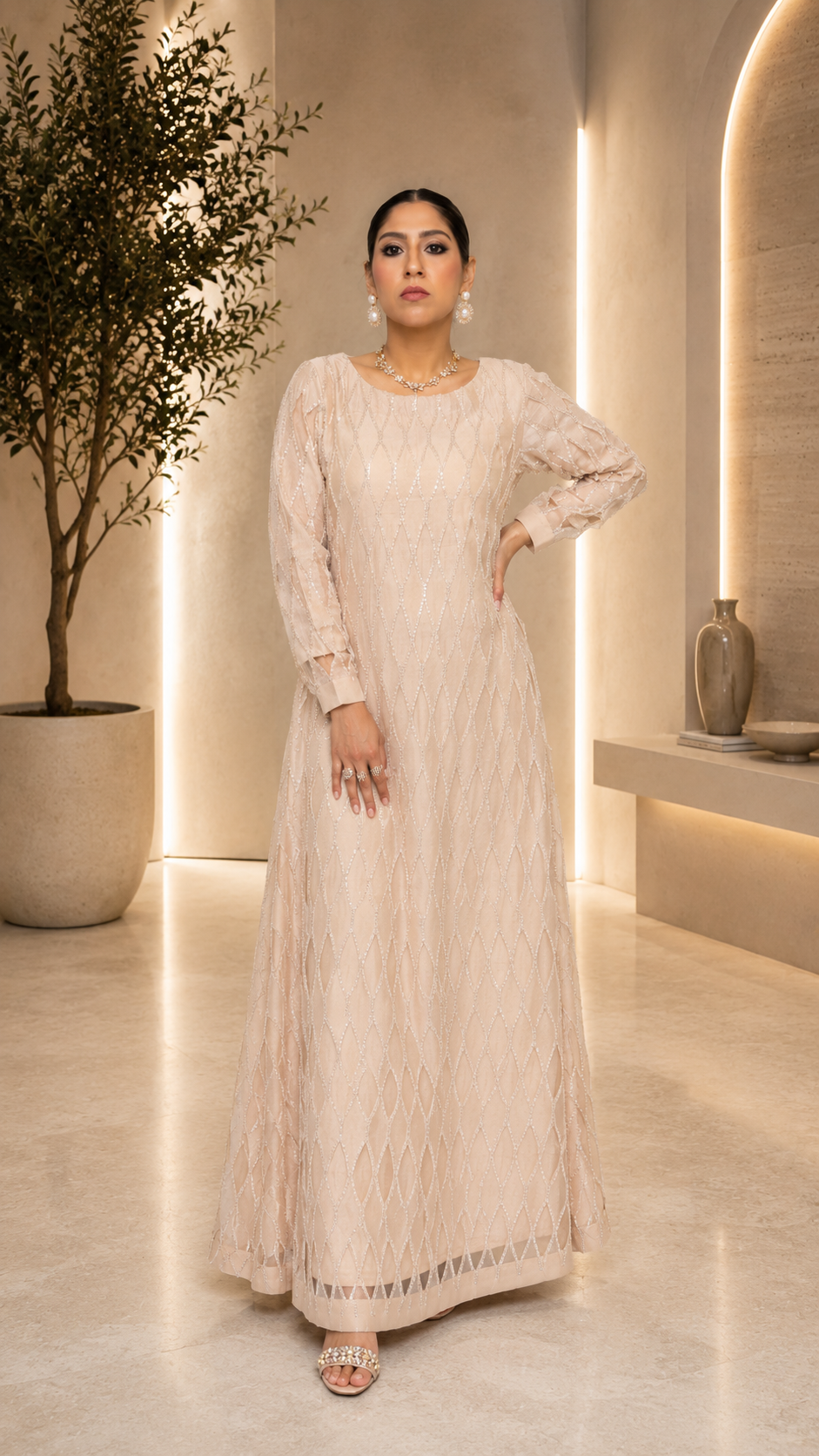 Dusty Peach Sequined Organza & Silk Maxi
