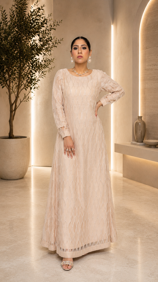 Dusty Peach Sequined Organza & Silk Maxi