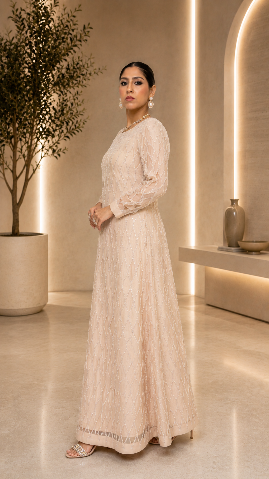 Dusty Peach Sequined Organza & Silk Maxi