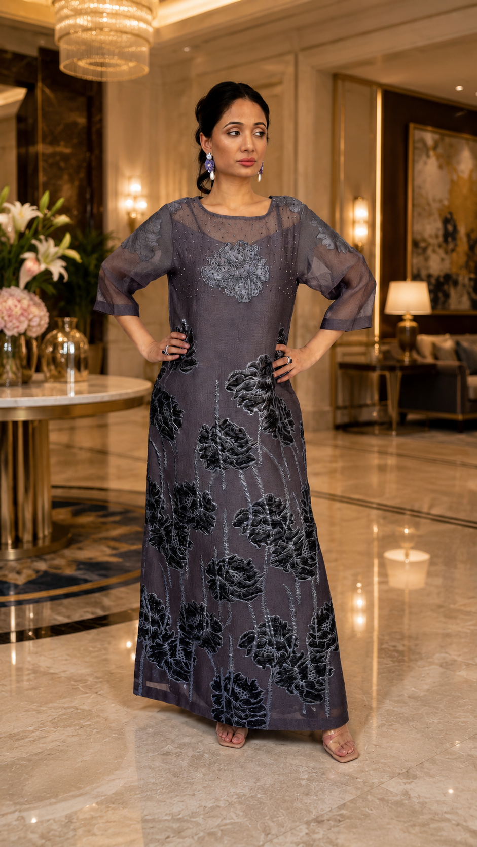 Midnight Broquette Embellished Organza Maxi Dress