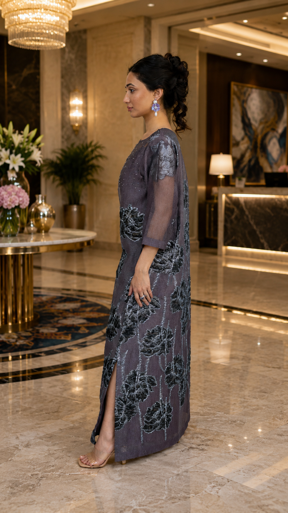 Midnight Broquette Embellished Organza Maxi Dress
