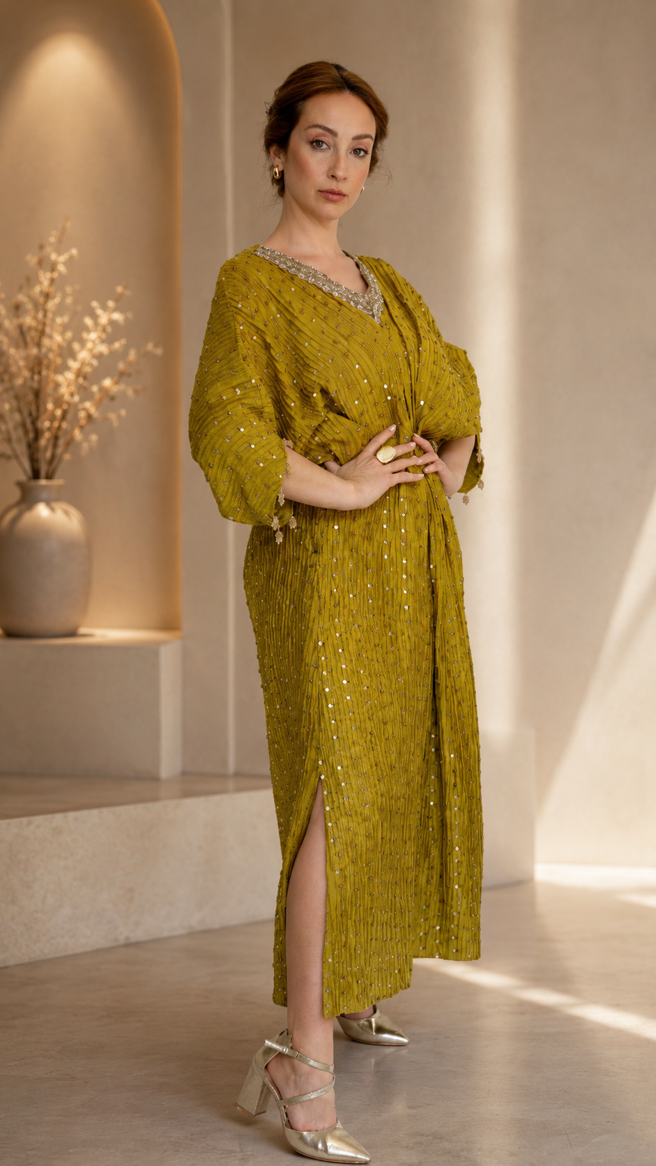 Rich Mustard Embellished Silk Kaftan