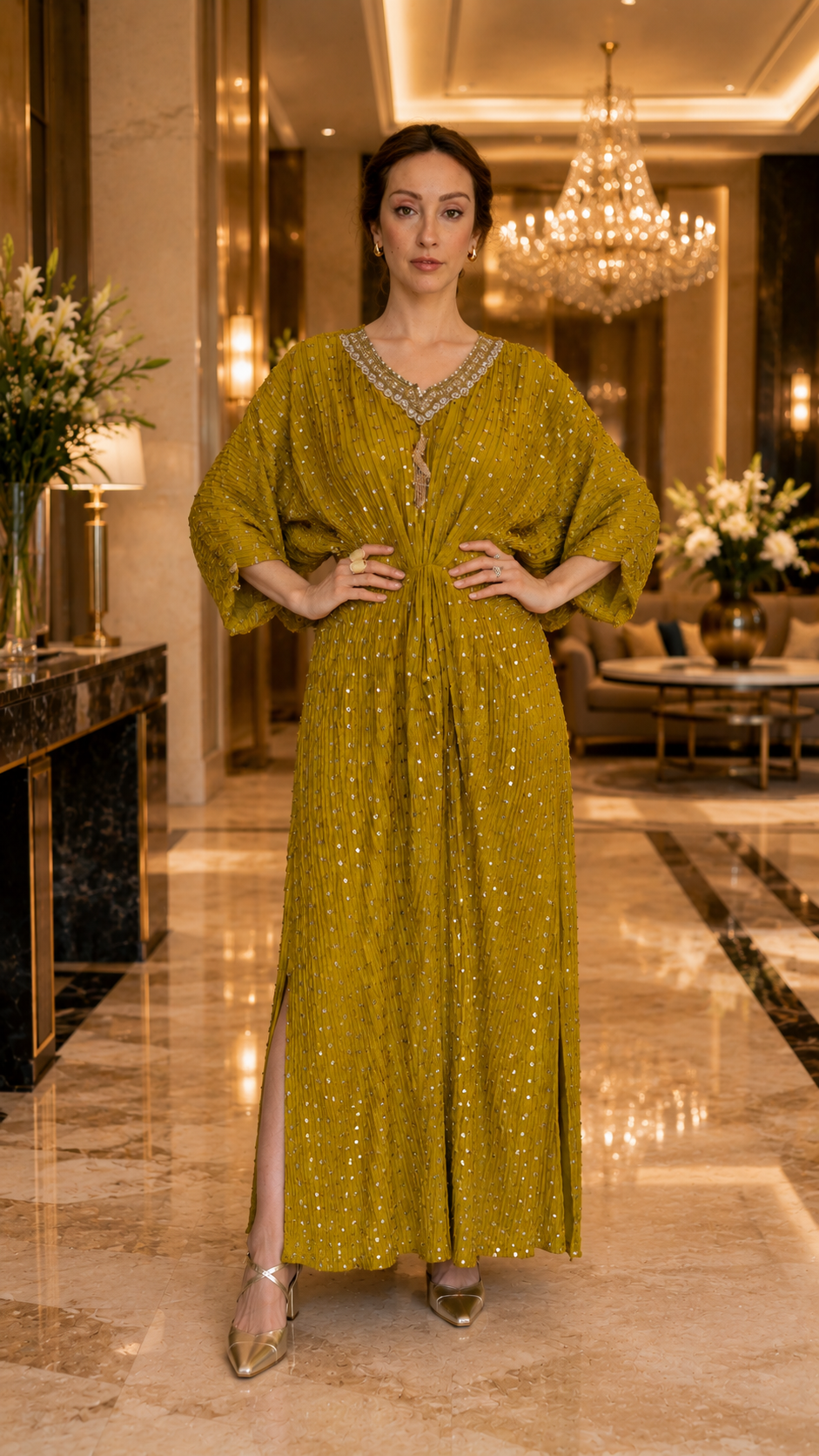 Rich Mustard Embellished Silk Kaftan