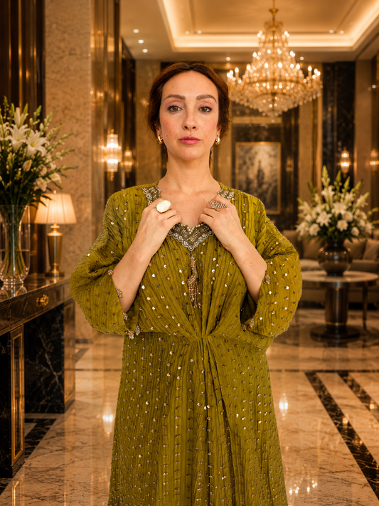 Rich Mustard Embellished Silk Kaftan