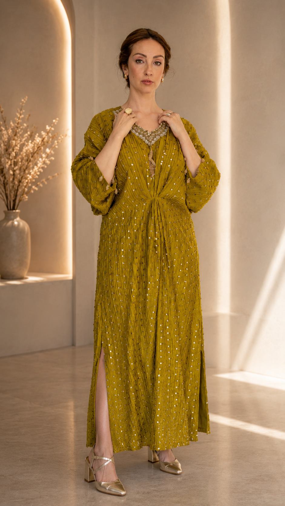 Rich Mustard Embellished Silk Kaftan