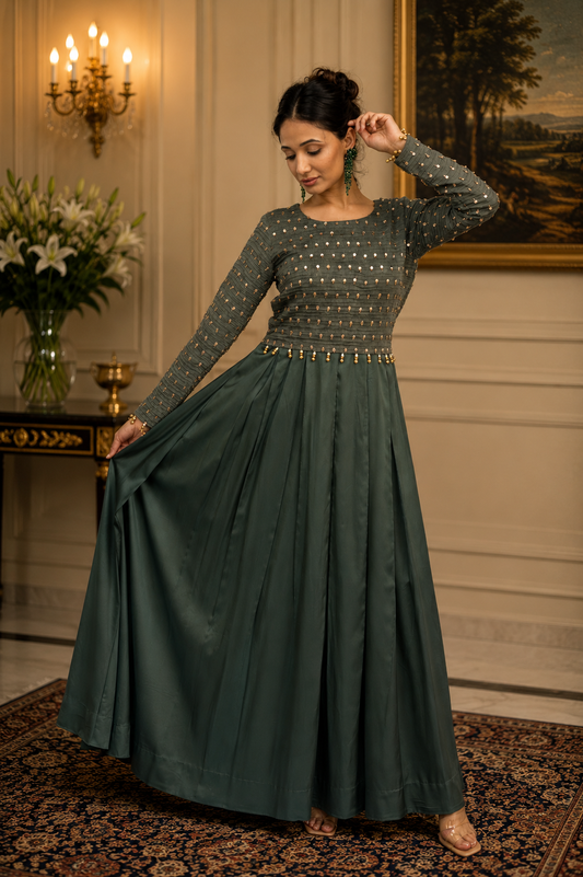 Emerald Green Box Pleated Dress