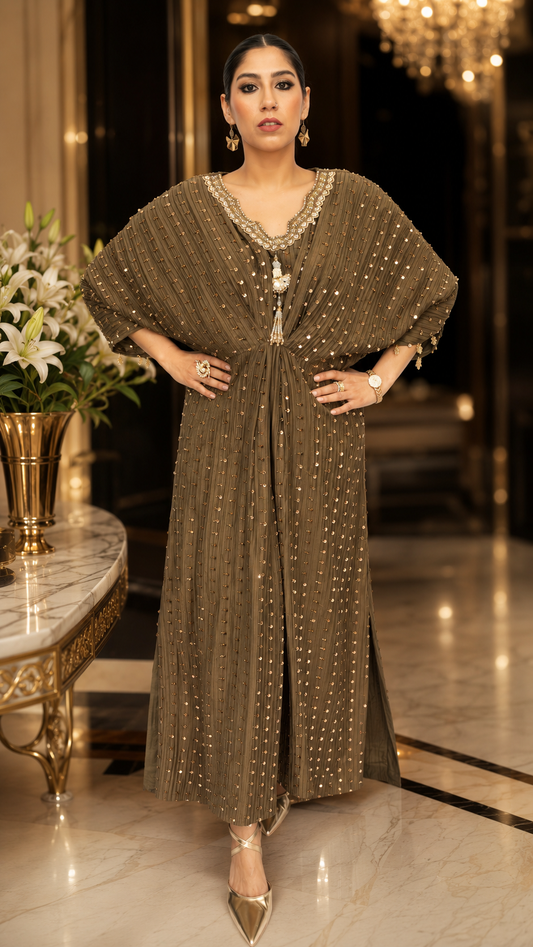 Olive Clay Embellished Silk Kaftan