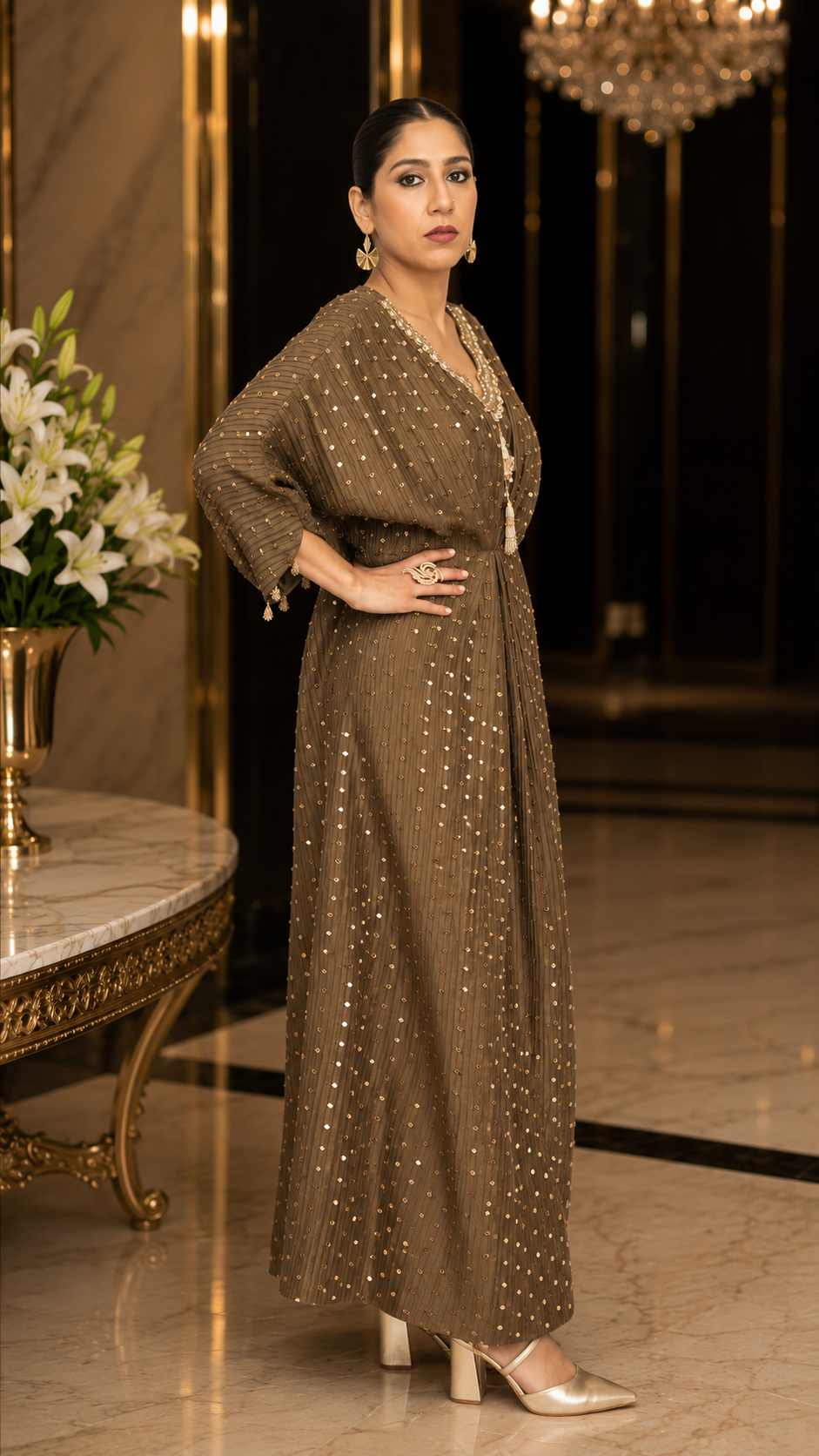 Olive Clay Embellished Silk Kaftan