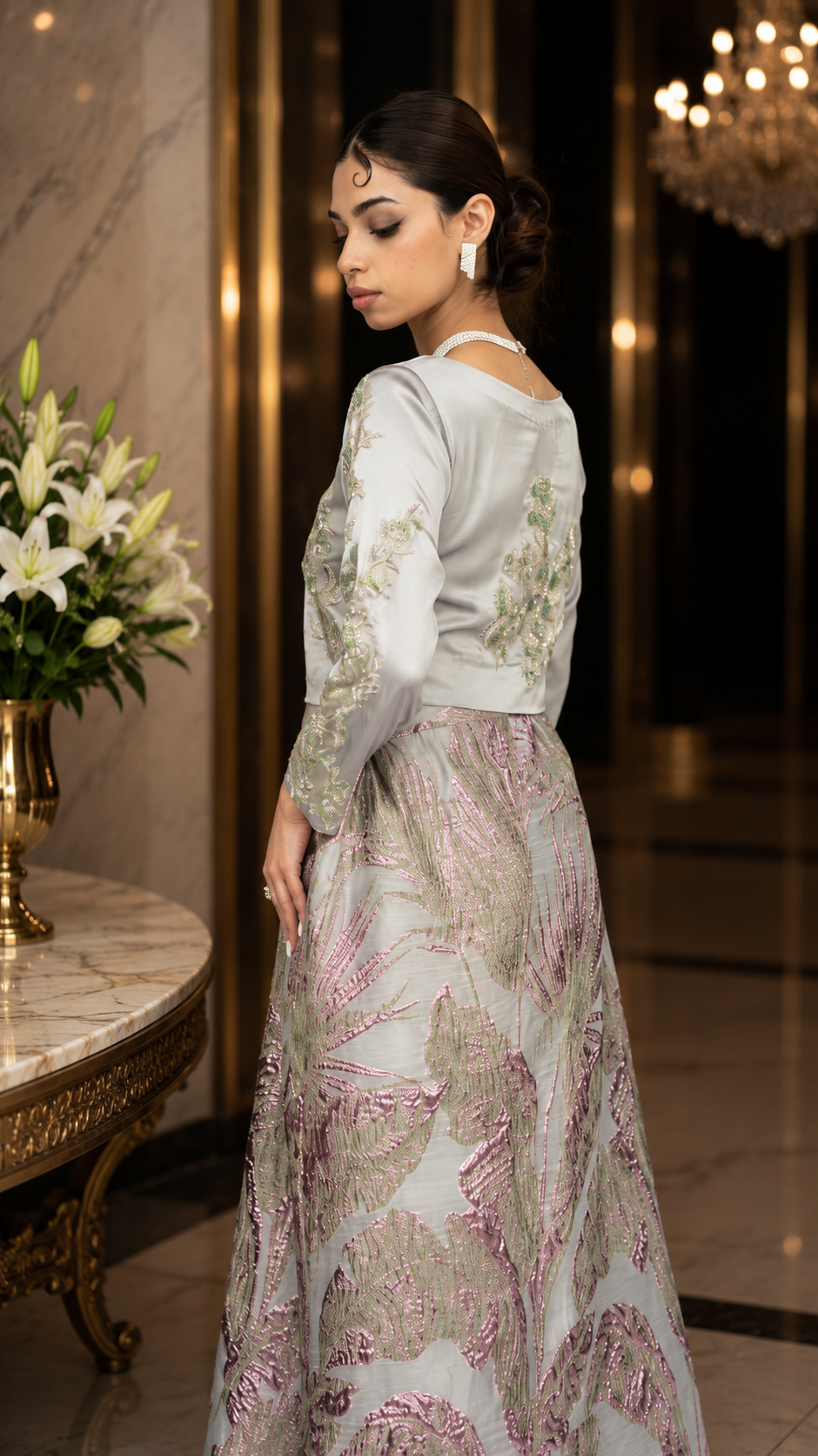 Silver Blossom Embellished Jacquard Gown