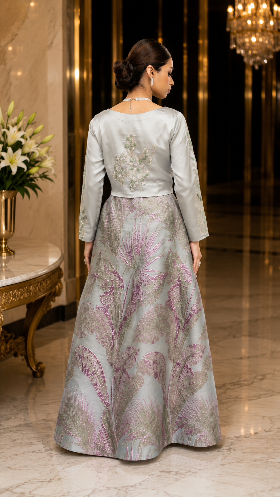 Silver Blossom Embellished Jacquard Gown