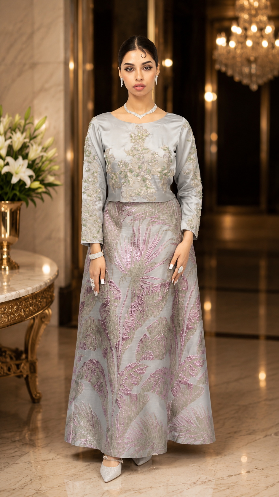 Silver Blossom Embellished Jacquard Gown