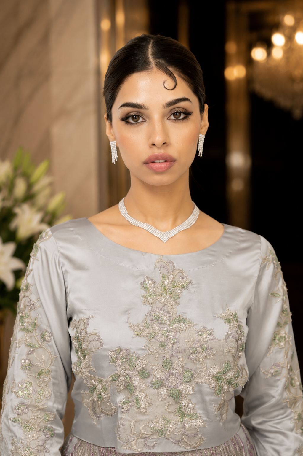 Silver Blossom Embellished Jacquard Gown