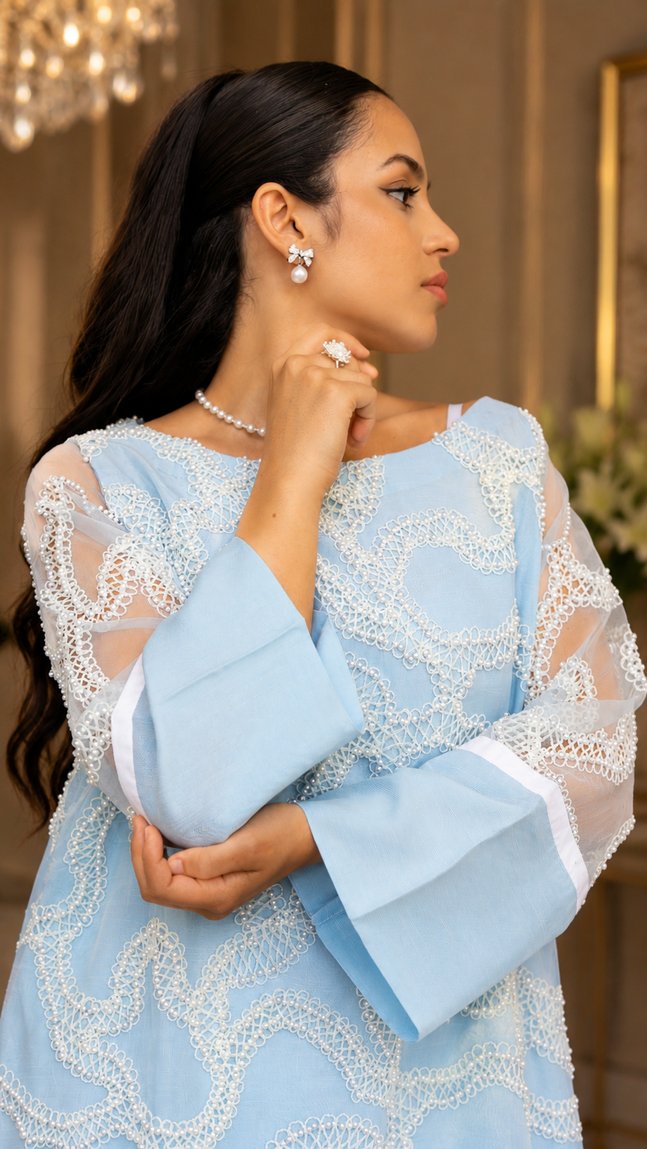 Pearl Powder Blue Lace Cascade Dress